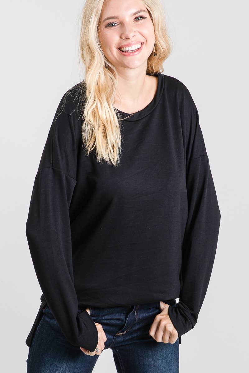 French Terry Long Sleeve Top w/ Boat Neck