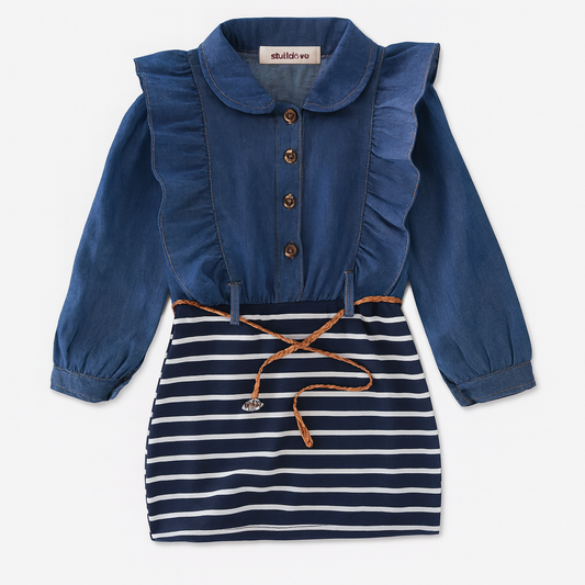 Girls Blue Ruffle Denim Striped Mini Tunic Dress with Belt