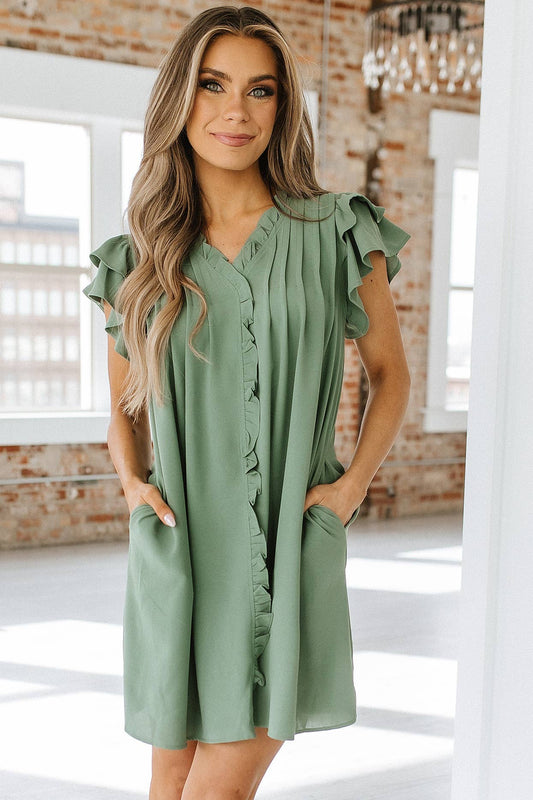 V-Neck Ruffled Sleeve Mini Dress