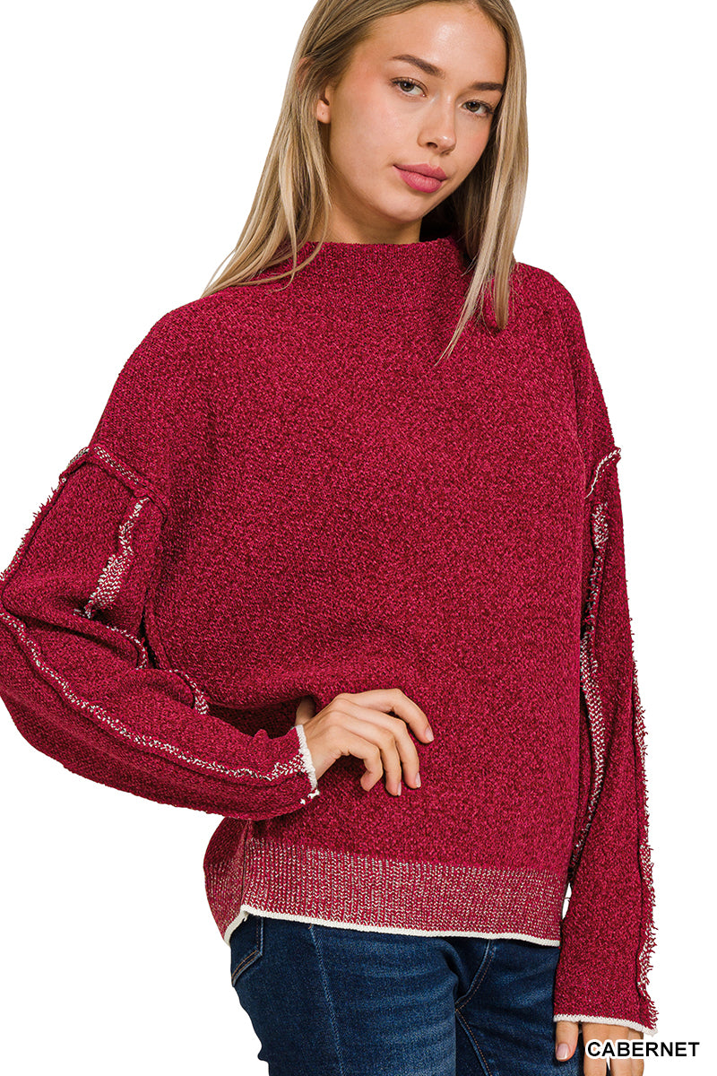 Oversized Mock Neck Chenille Sweater w/ Raw Seam