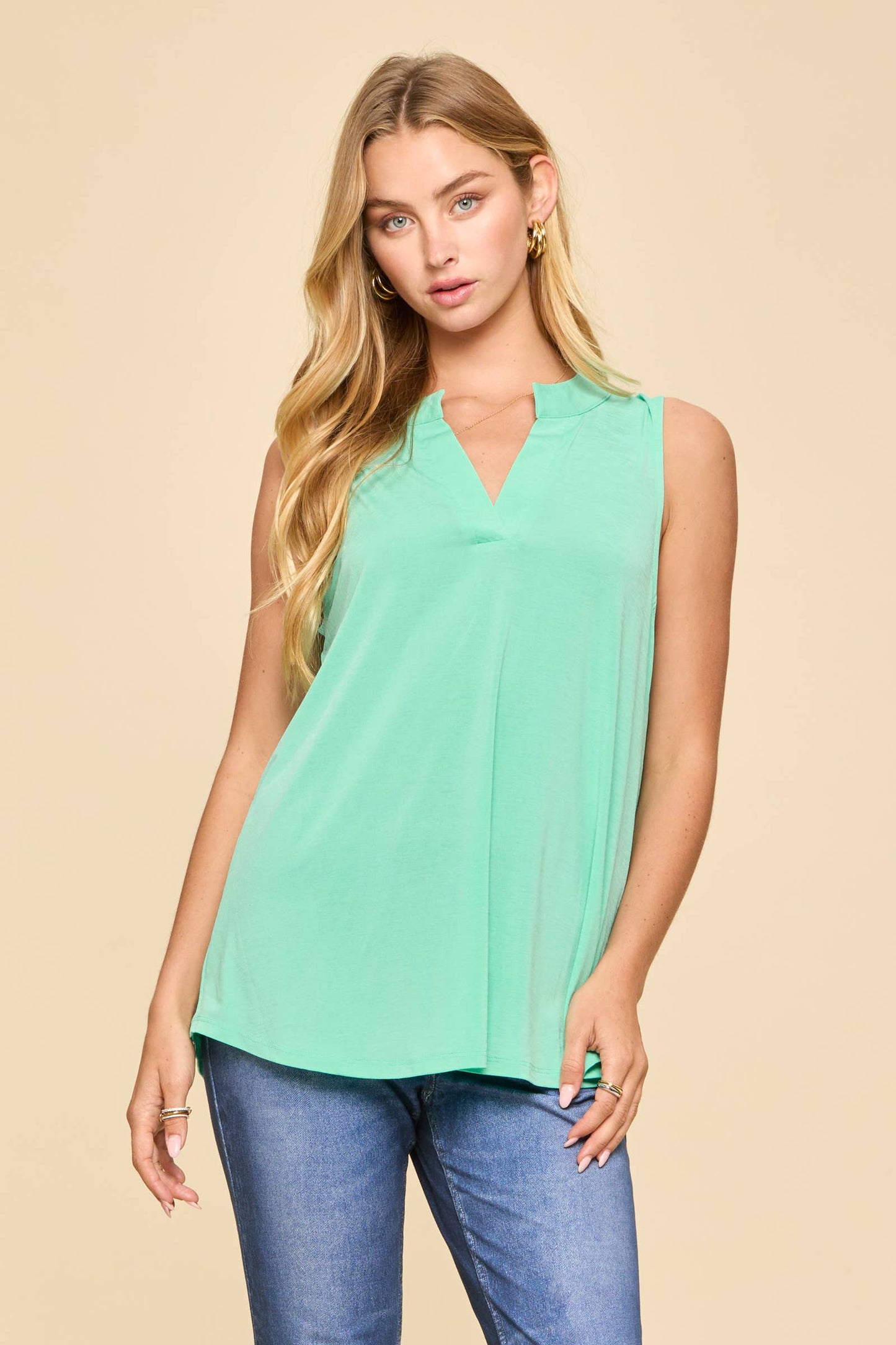 Solid Lizzy Mandarin Collar Sleeveless Top