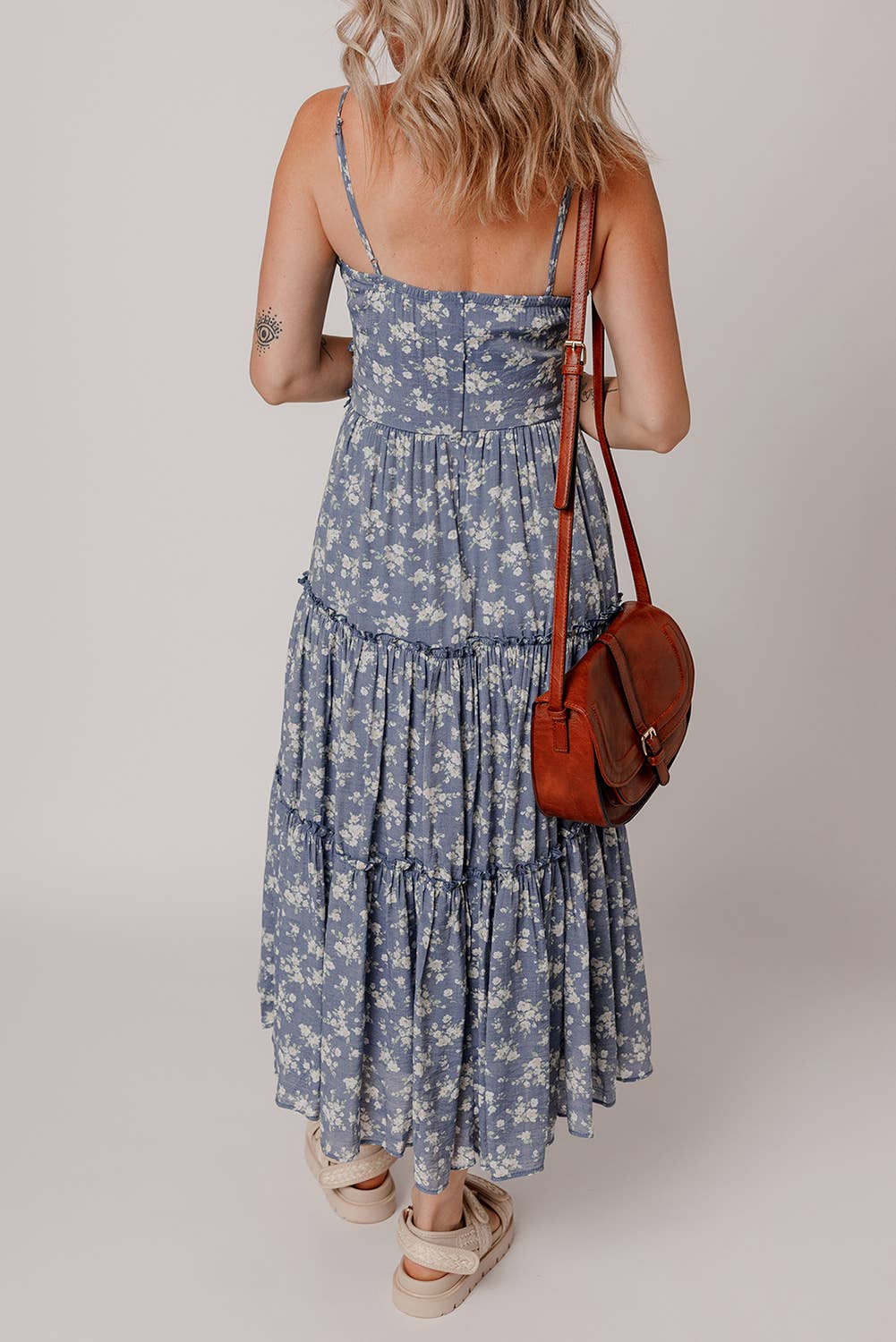 Floral Spaghetti Strap Frilled V Neck Tiered Midi Dress