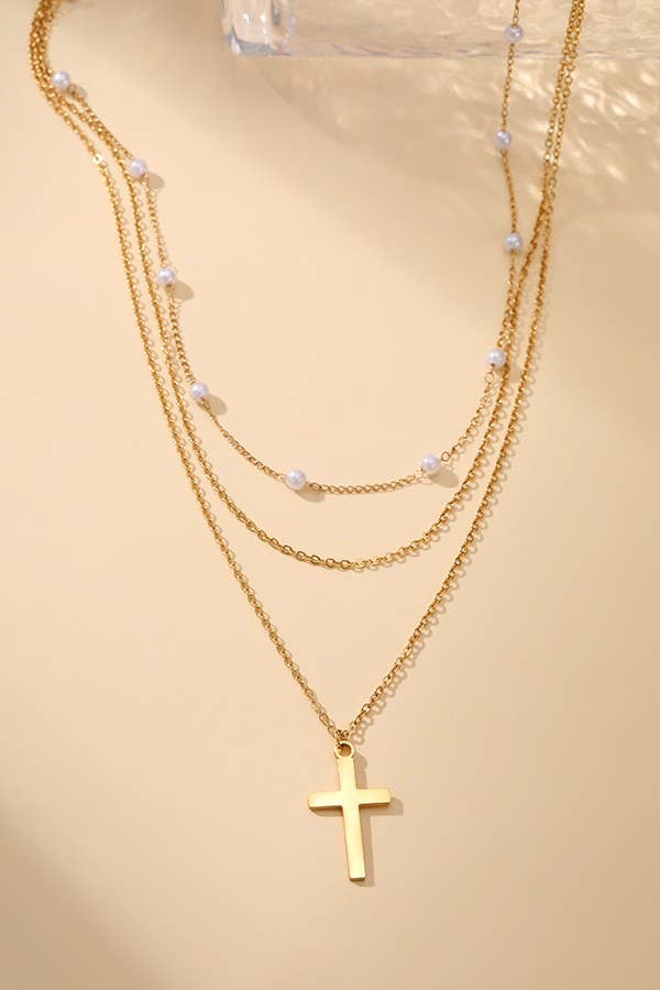 Gold Layered Pearl & Cross Necklace