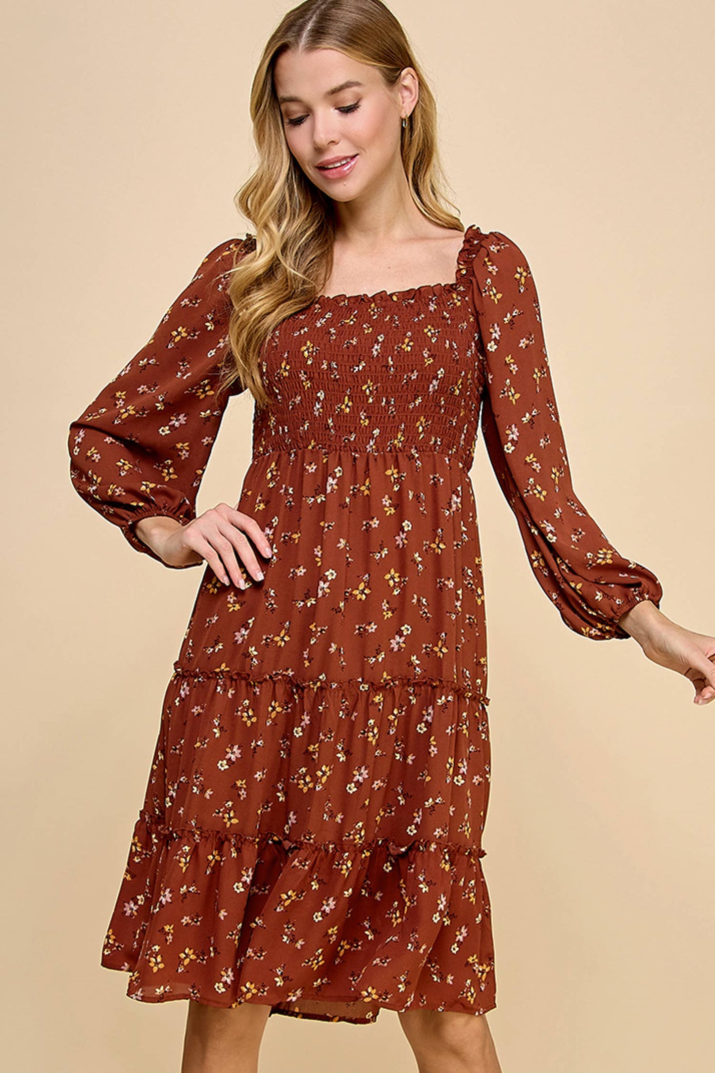 Long Sleeve Floral Tiered Dress w/ Smocking