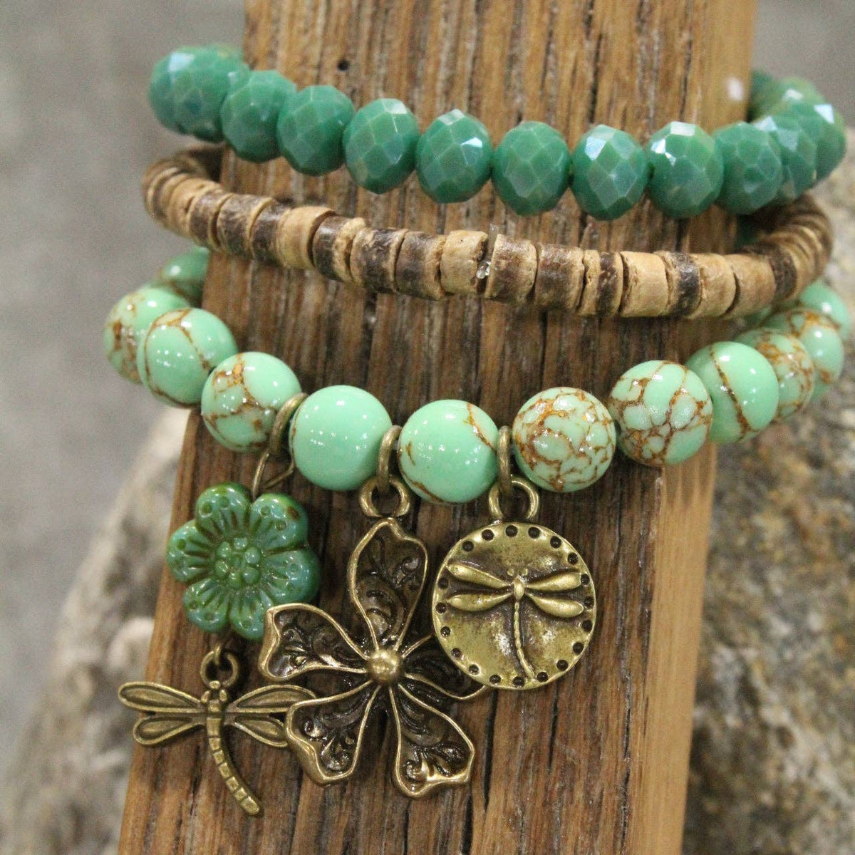Picasso Wildflower Glass Bead Dragonfly Bracelet Set