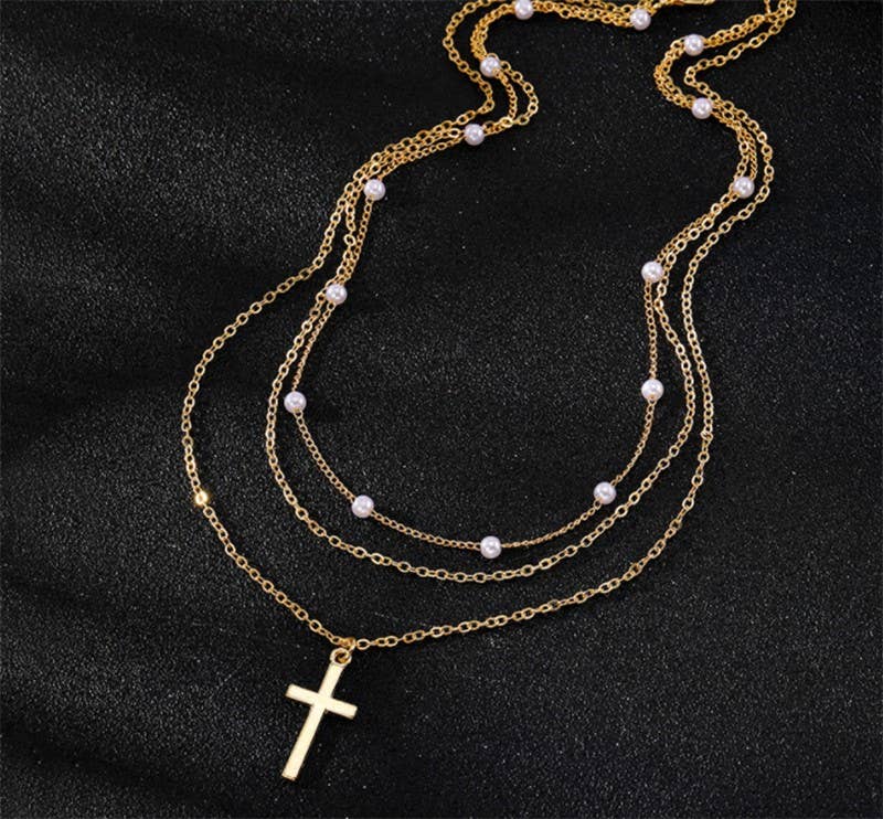 Gold Layered Pearl & Cross Necklace