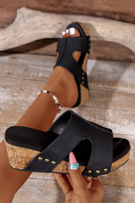 Rivet Slip-on Wedge Sandals/ Black