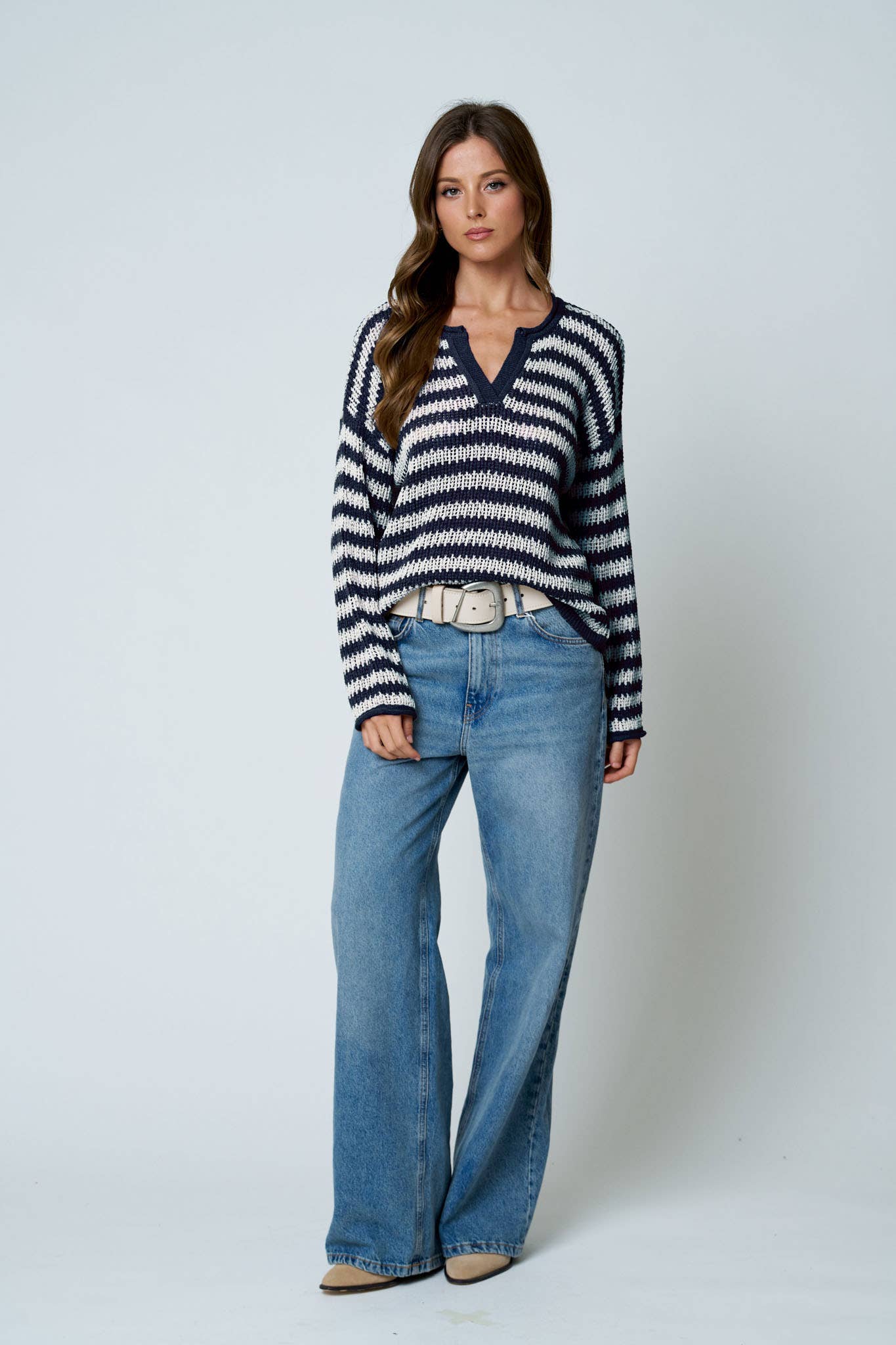 Striped Split Neck Sweater
