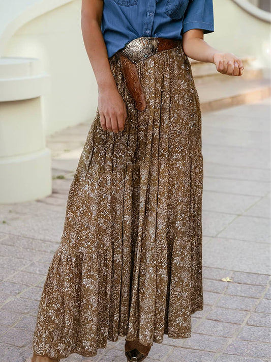 Western Floral Print Ruffled Hem High Waist Loose Maxi Skirt