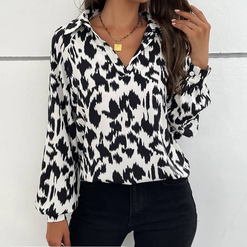 Lapel Long Sleeve Leopard Print Blouse