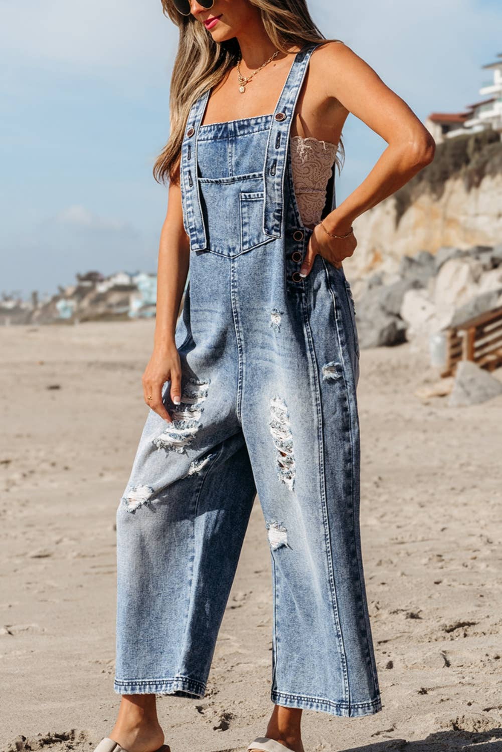 Distressed Pocketed Wide Leg Capri Denim Overall