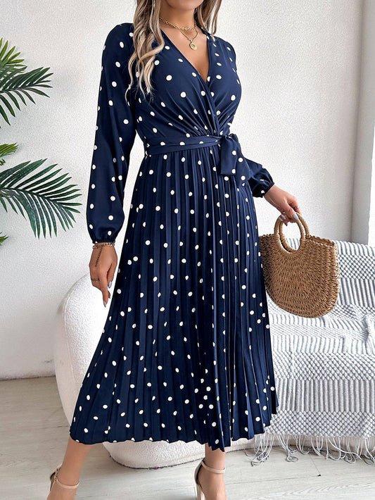 Elegant Polka Dot Cross-Over V-Neck Pleated Midi Dress