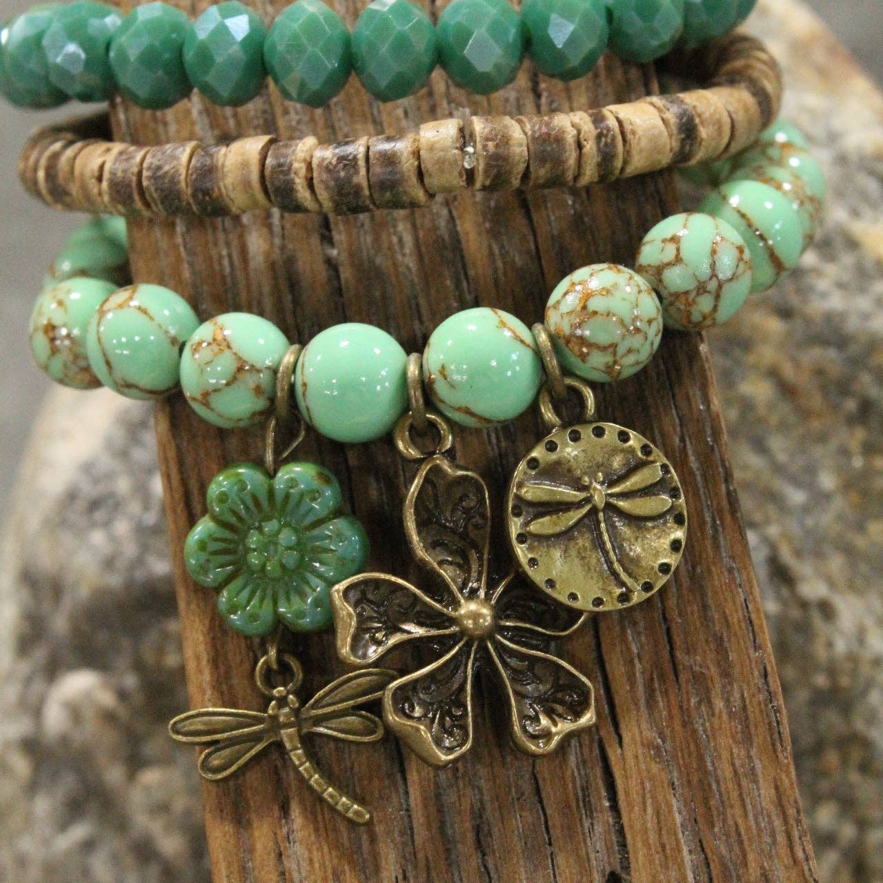 Picasso Wildflower Glass Bead Dragonfly Bracelet Set