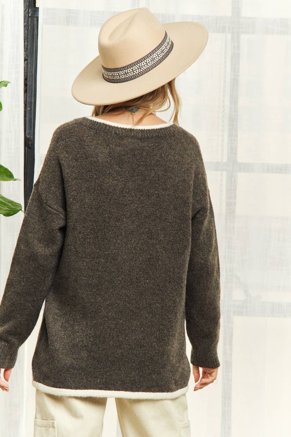 Drop Shoulder Hi-Low V Neck Sweater