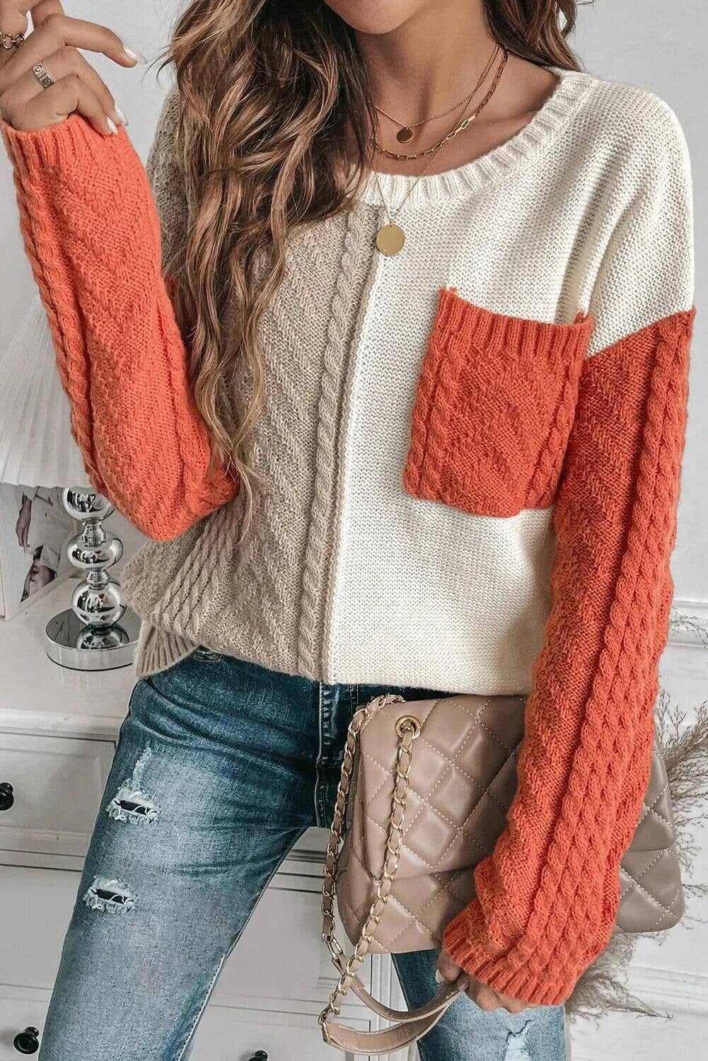 Casual Patchwork Sweater w/ Pocket