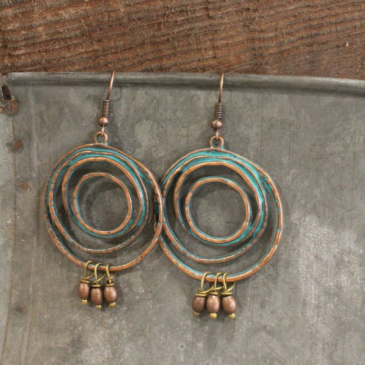 Abstract Hoop Copper Verdigris Dangle Drop Earrings
