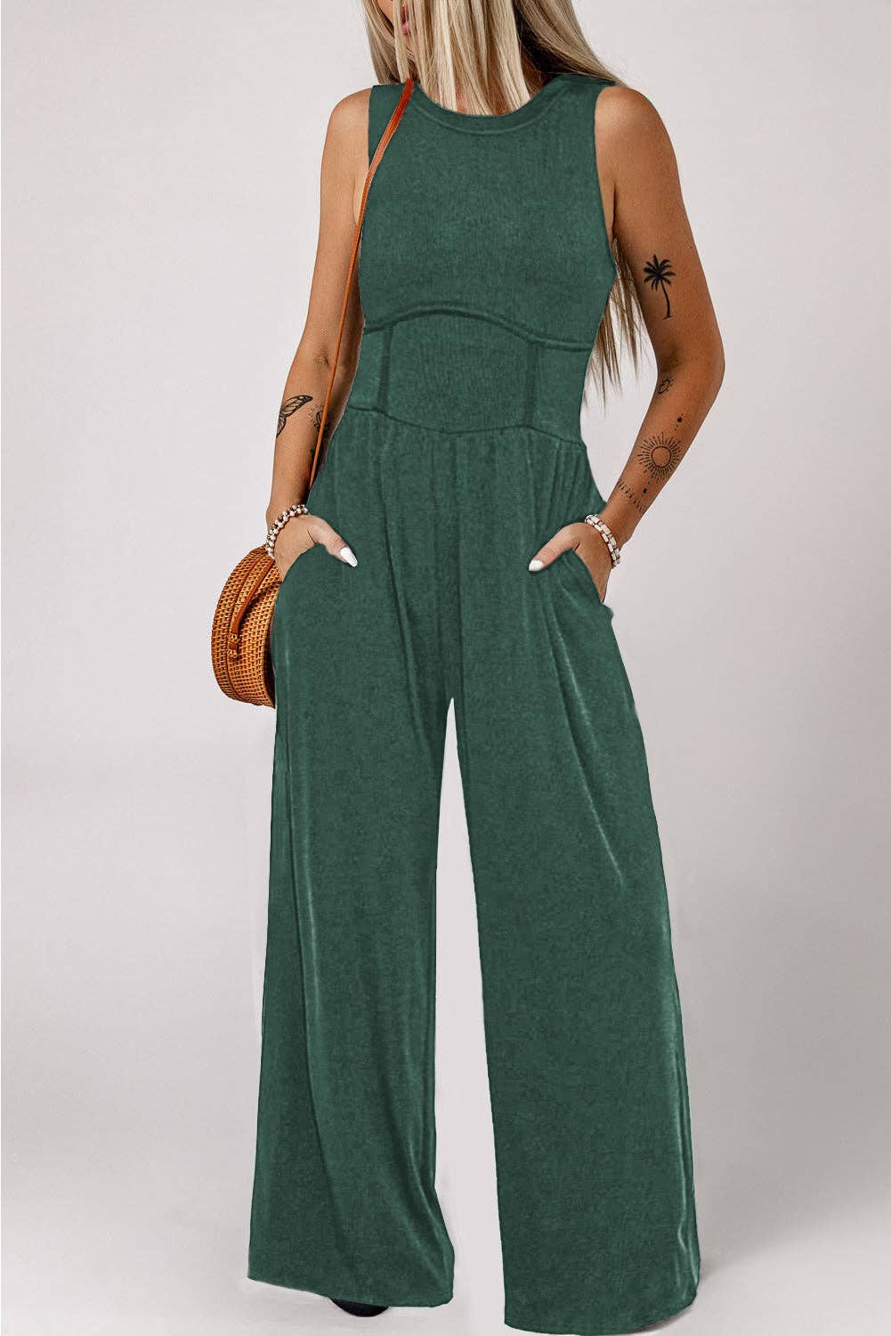 Green Cinched Waist Sleeveless Wide Leg Jumpsuit