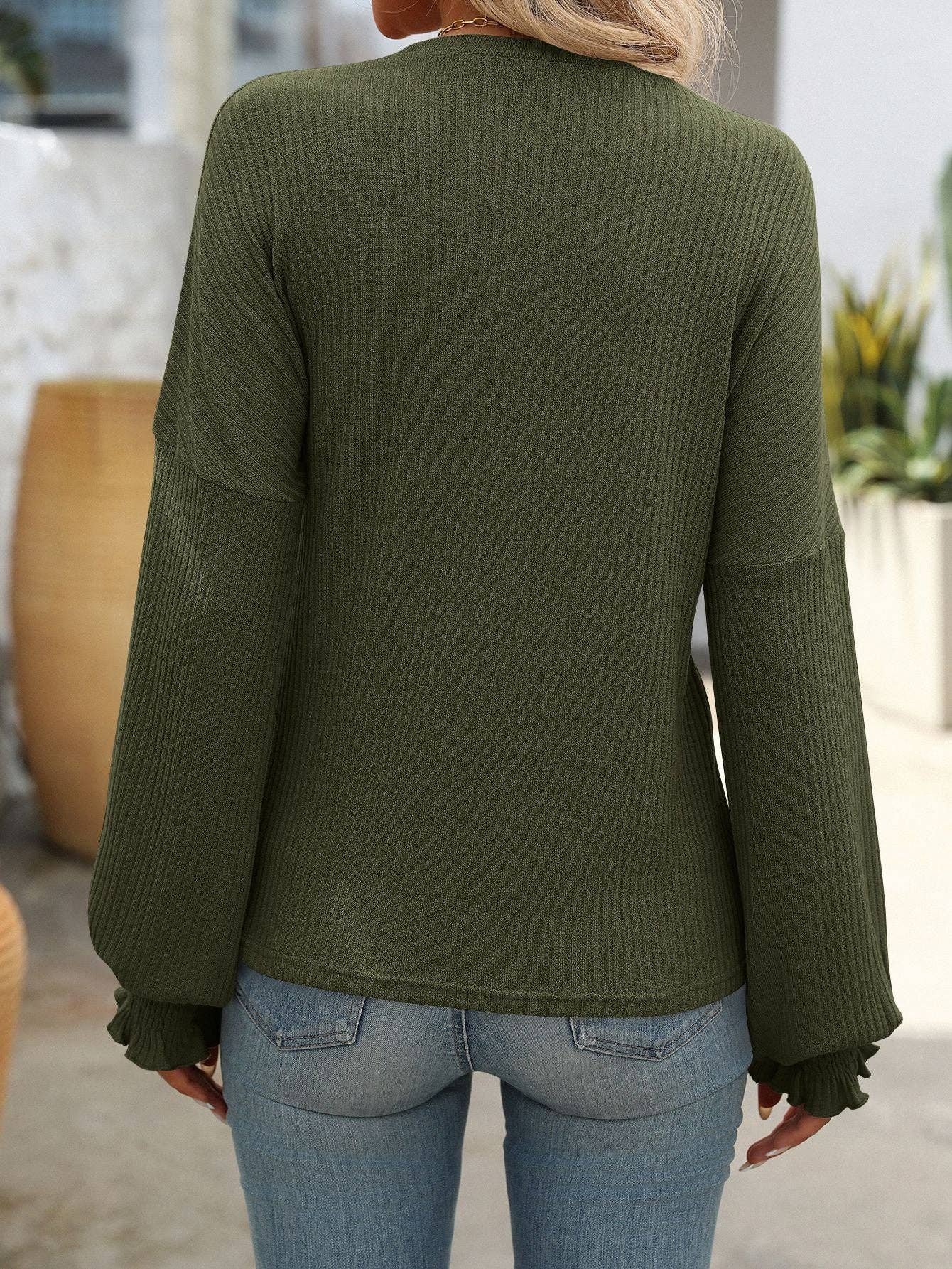 Ribbed Crewneck Top with Smocked Cuffs