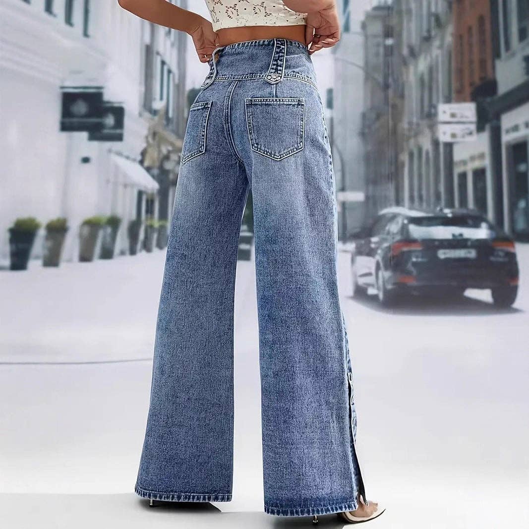 Vintage Wash Side Slit Wide Leg Jeans