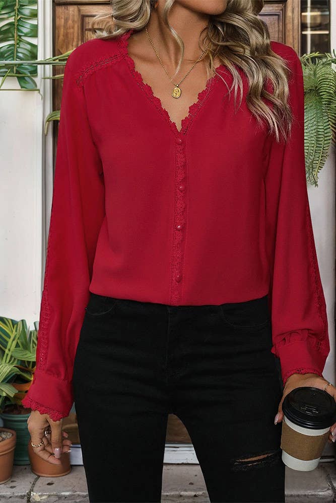 Chic Deep Red Long Sleeve Blouse