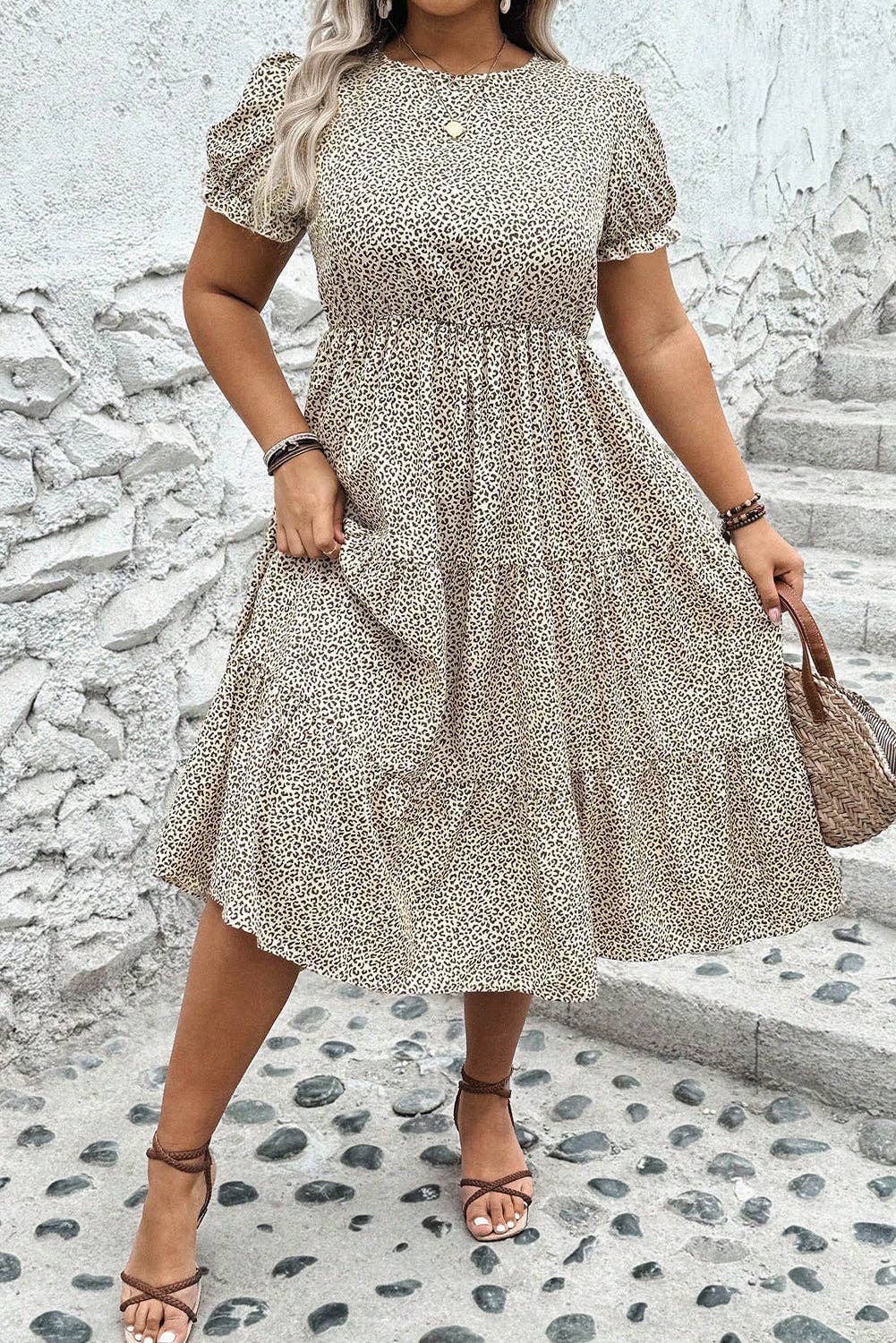 Plus Size Leopard Print Frill Trim Dress