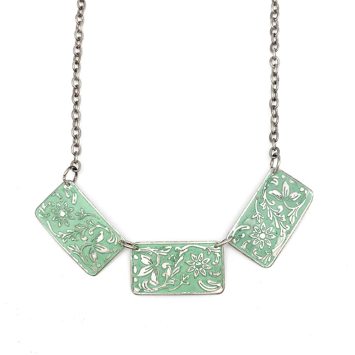 Silver Patina Necklace - Three Mint Rectangles