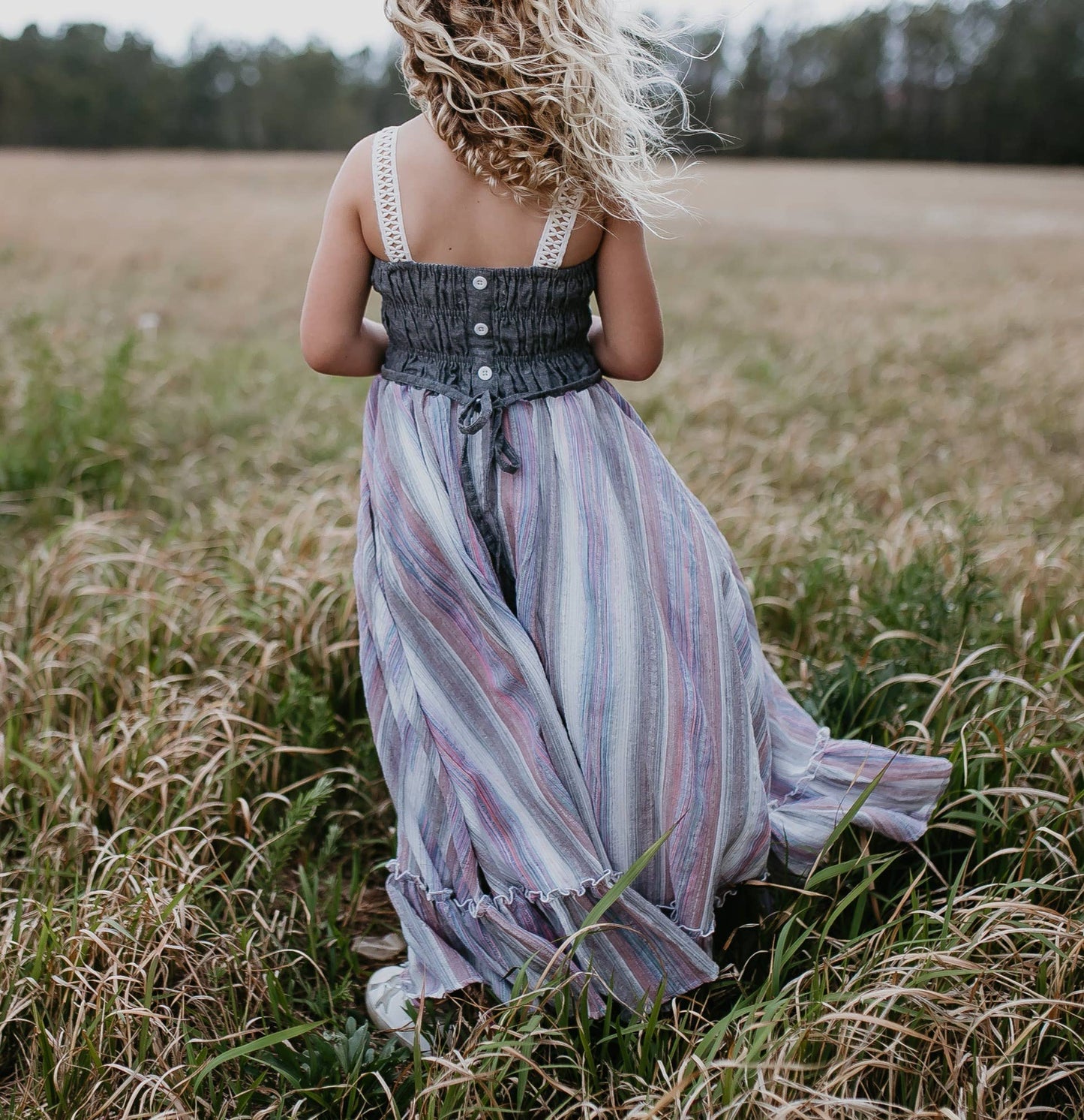 Girls Denim Pink Purple Stripe Maxi Dress by Wren & James