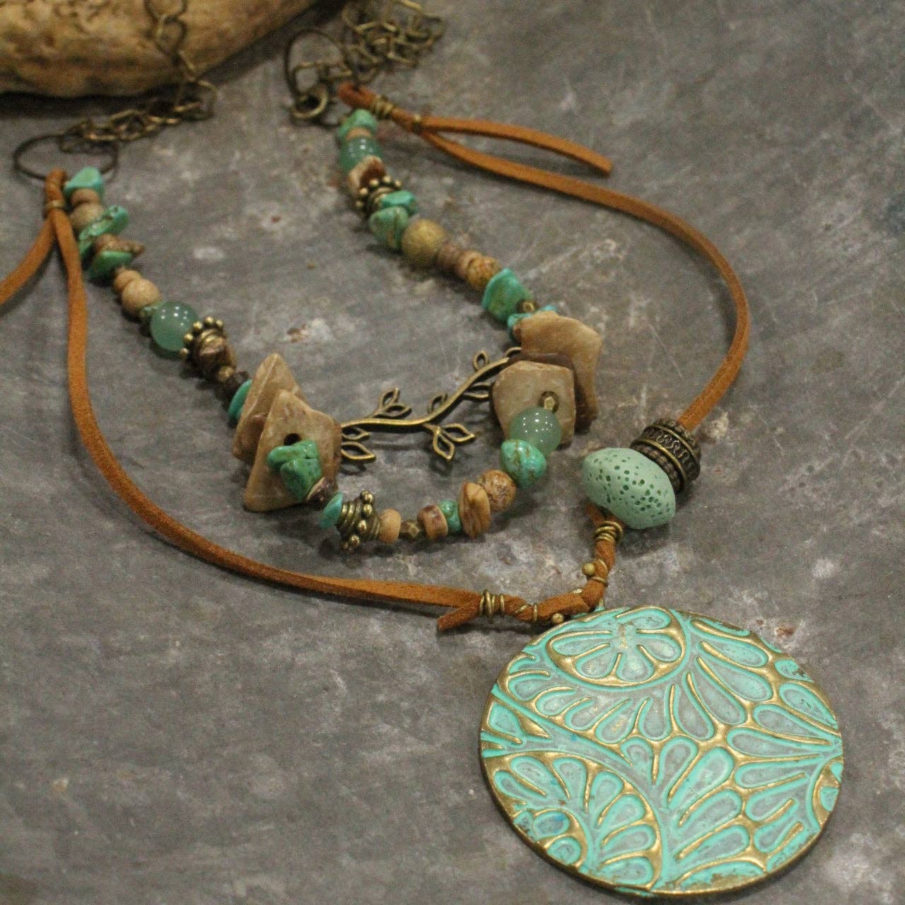 Bronze & Patina Leaf Branch Pattern Layered Necklace Set