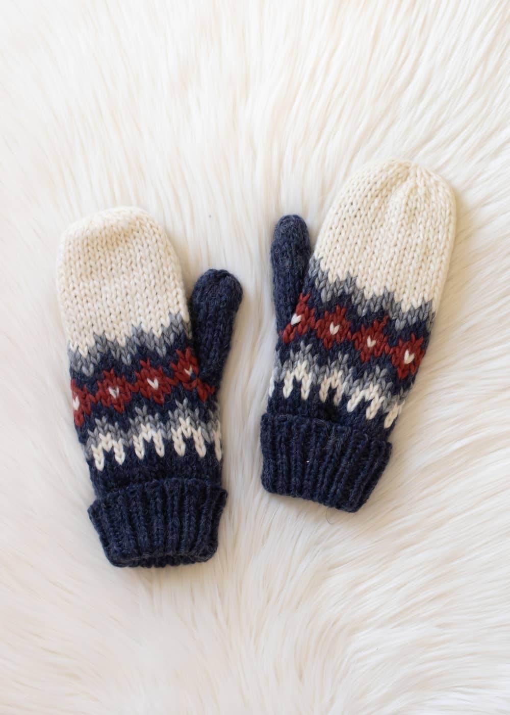 Cream, Blue, Red & Gray Mittens