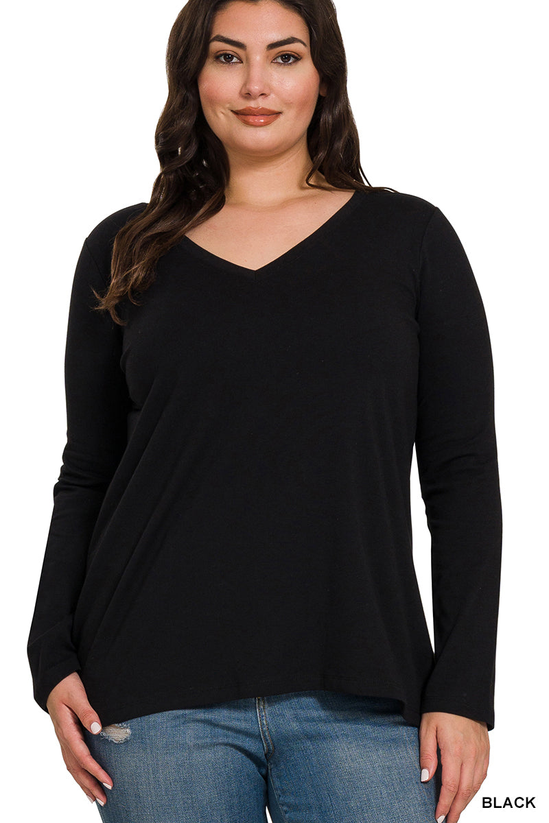 Cotton V-Neck Long Sleeve Tee