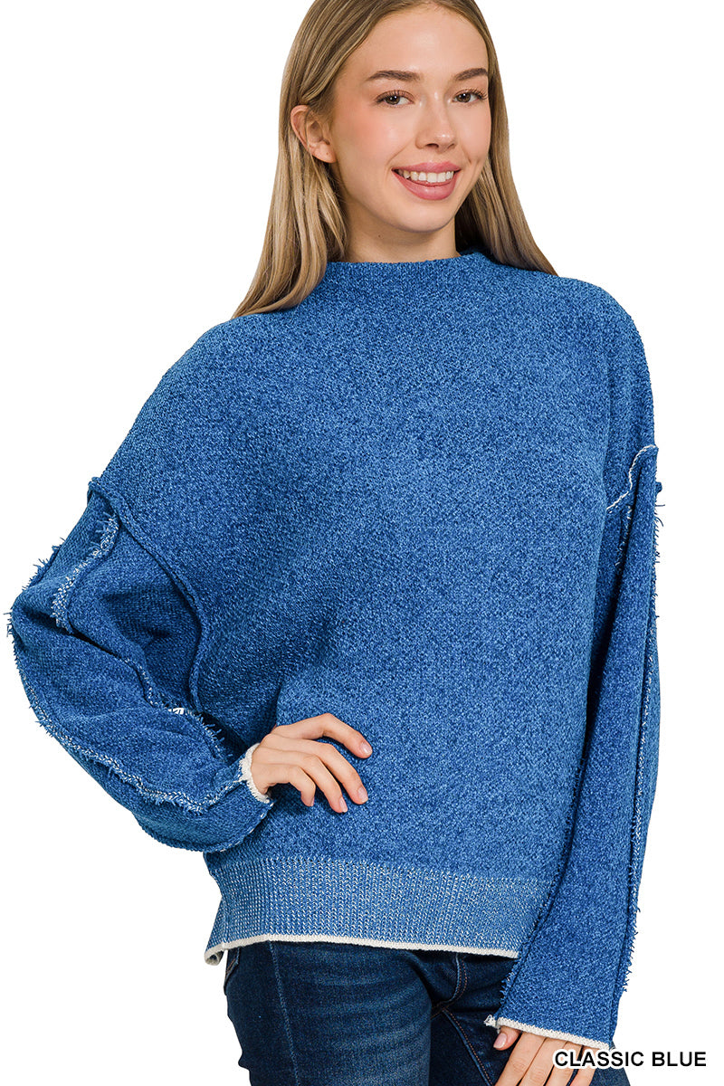 Oversized Mock Neck Chenille Sweater w/ Raw Seam