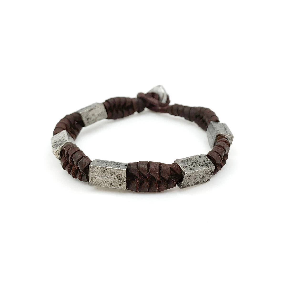 Aadi Bracelet - Brown Braided Leather with Metal Beads