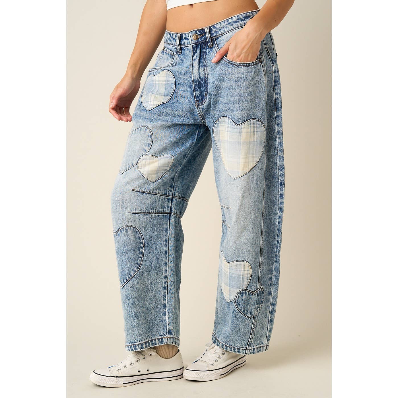 Plaid Heart Patch Barrell Jeans