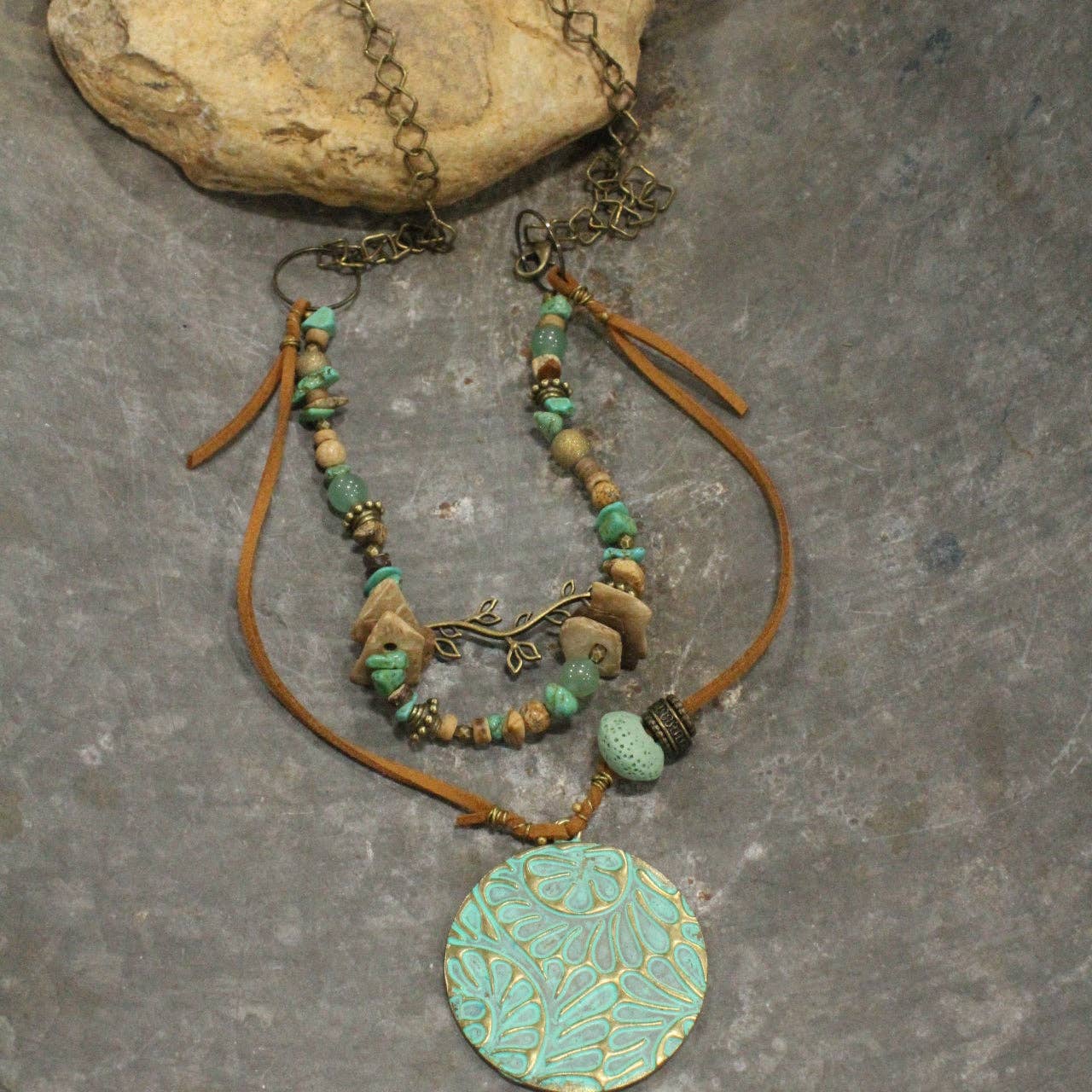 Bronze & Patina Leaf Branch Pattern Layered Necklace Set