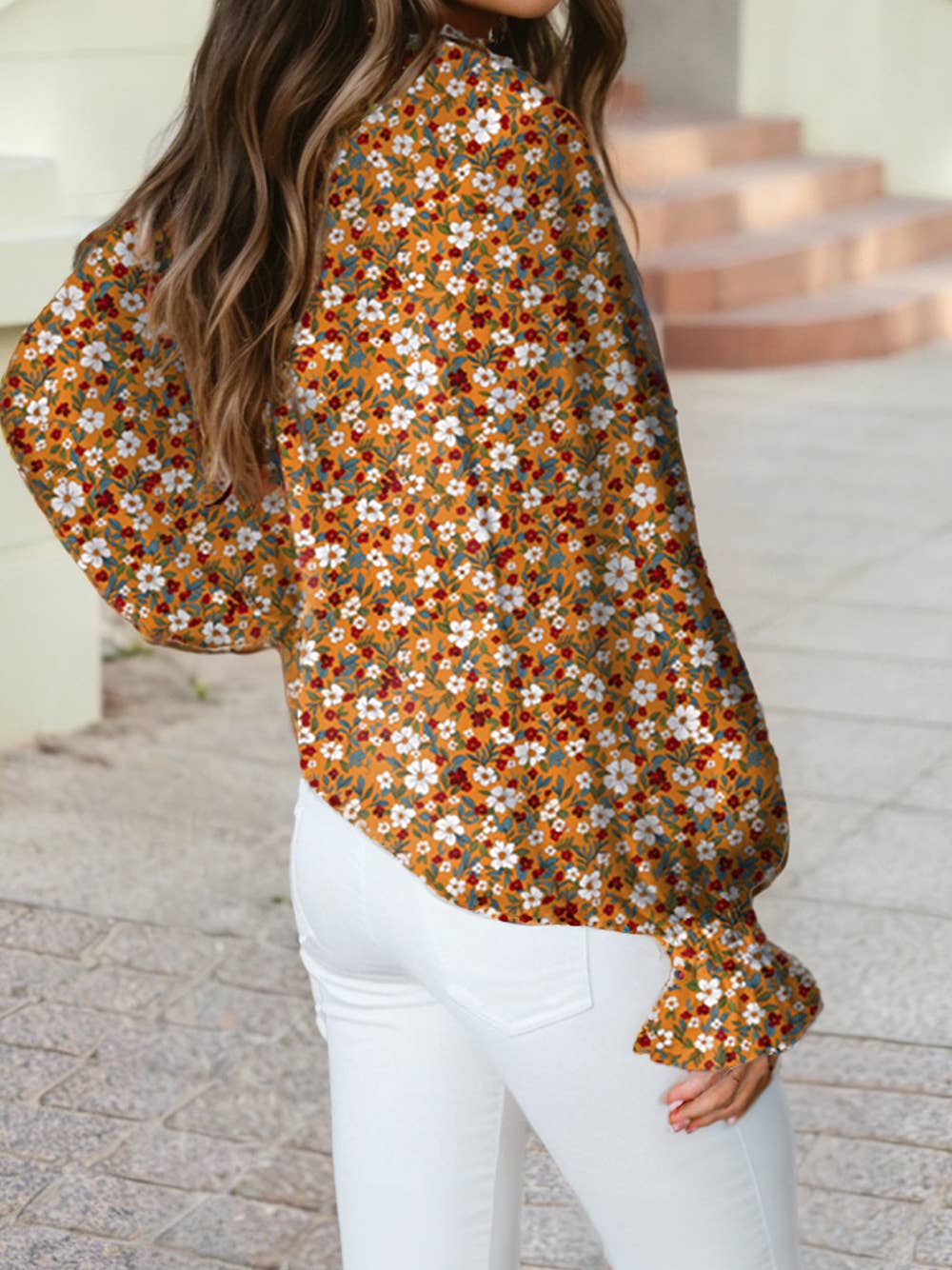 Boho Floral Ruffled Bubble Sleeve V Neck Fall Blouse