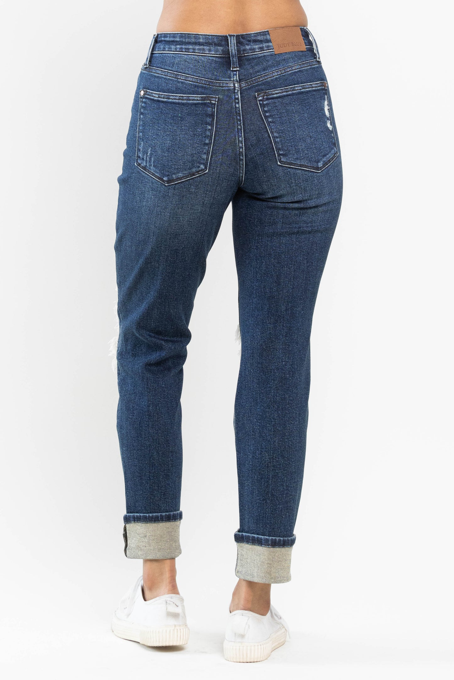 Judy Blue Mid Rise Buffalo Plaid Distressed Boyfriend Jeans