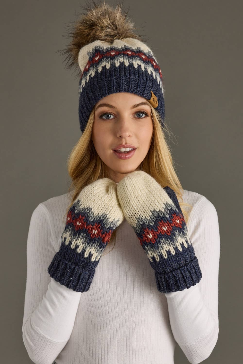 Cream, Blue, Red & Gray Mittens