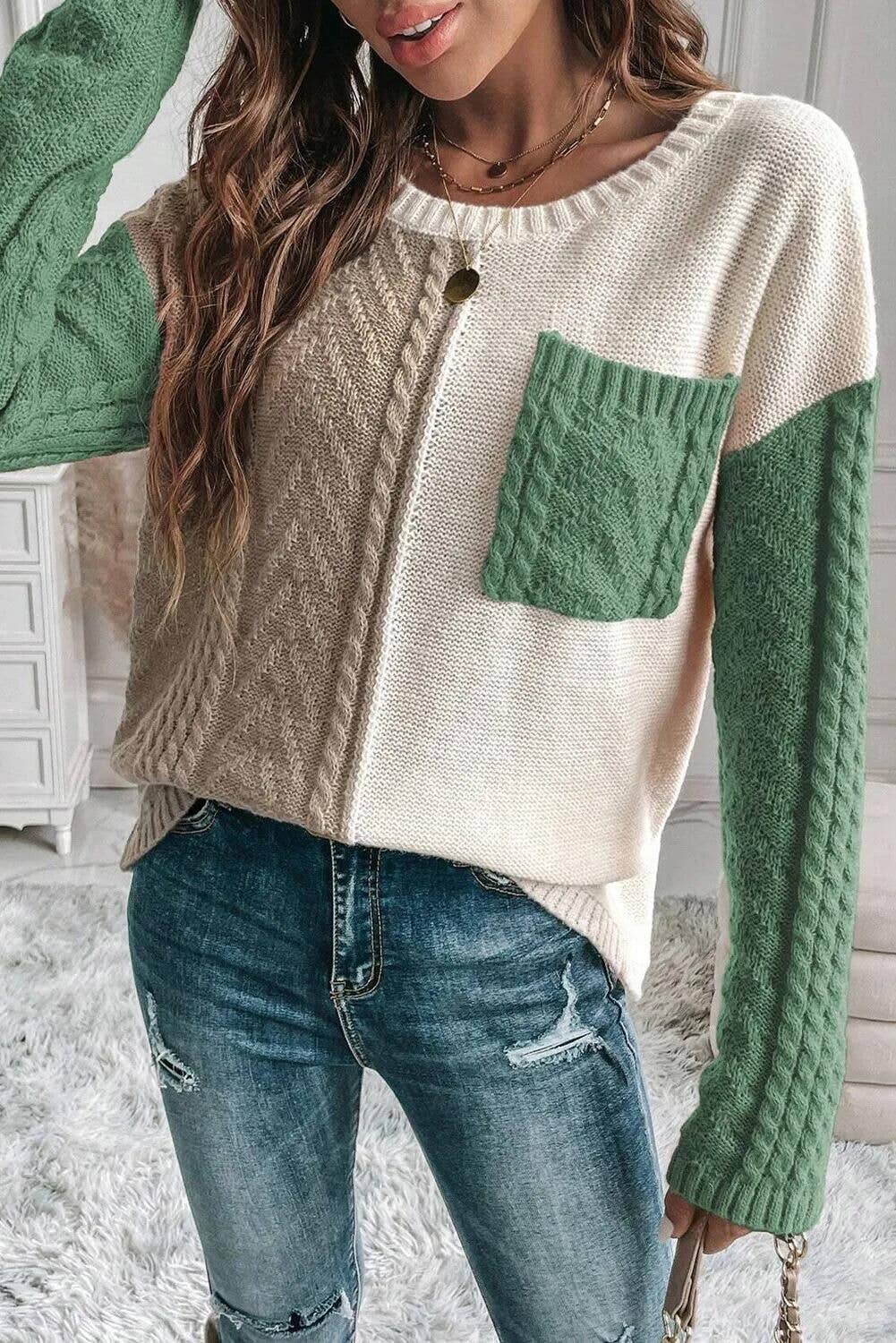 Casual Patchwork Sweater w/ Pocket