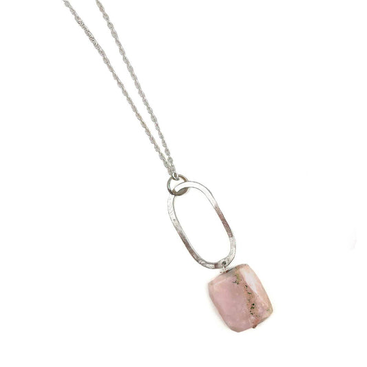 Silver Geometric Necklace with Pink Opal