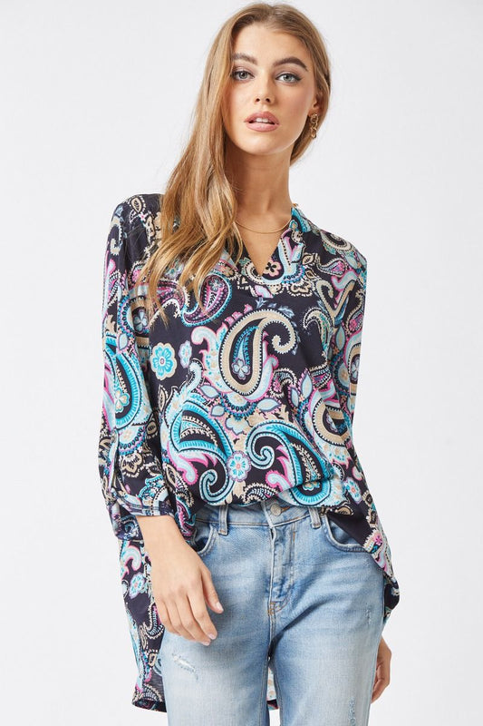 Navy Multi Colored Paisley 3/4 Sleeve Top