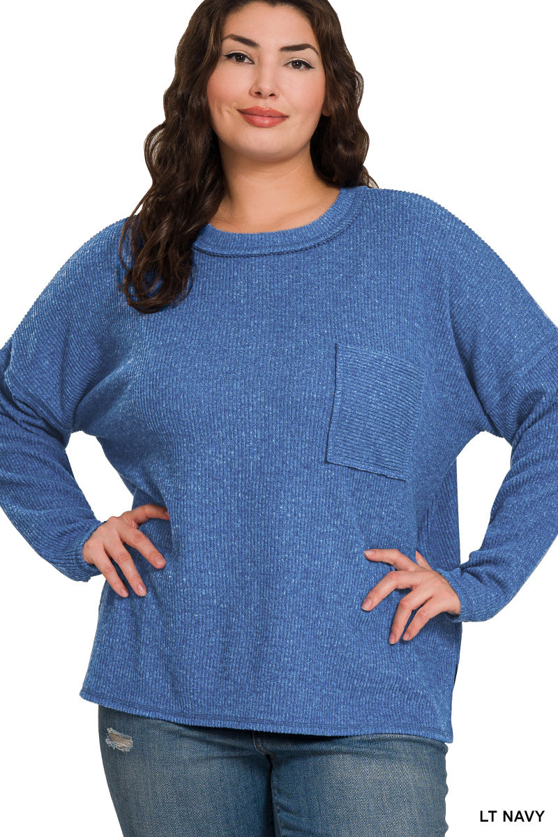 Plus Size Brushed Mélange Hacci Sweater w/ Pocket