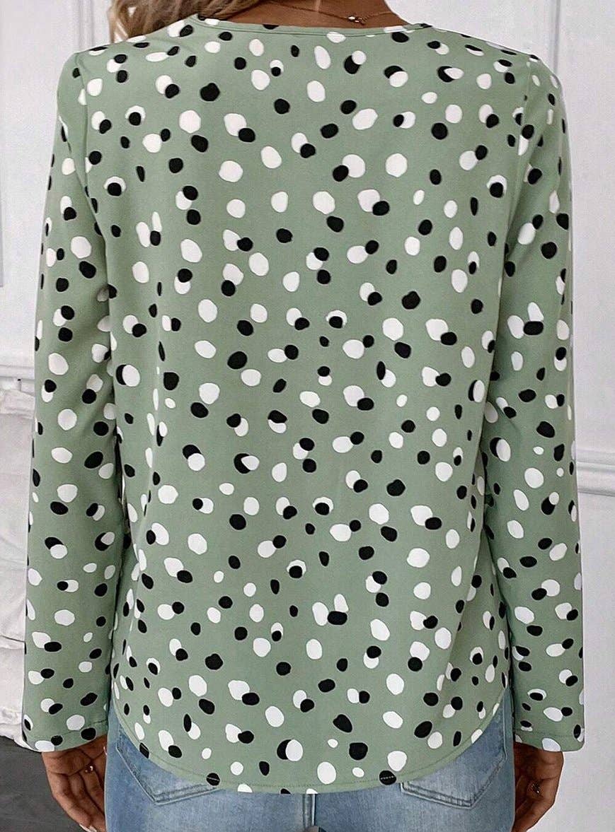 Dot Print Button Front V Neck Blouse