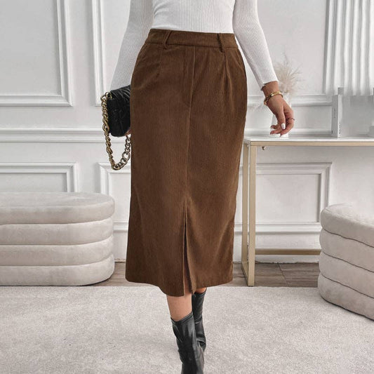 High Waist Corduroy Midi Skirt with Front Slit & Pockets