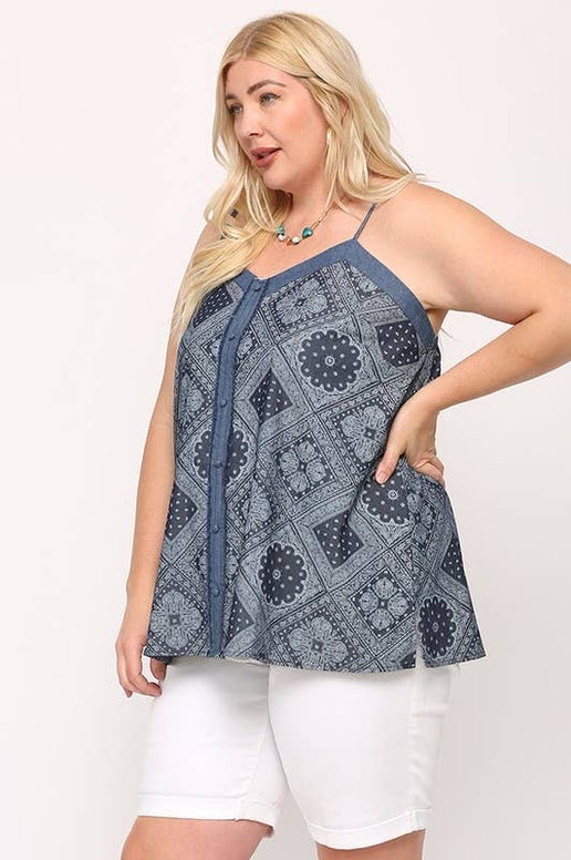 Print Chambray And Covered Button Tank