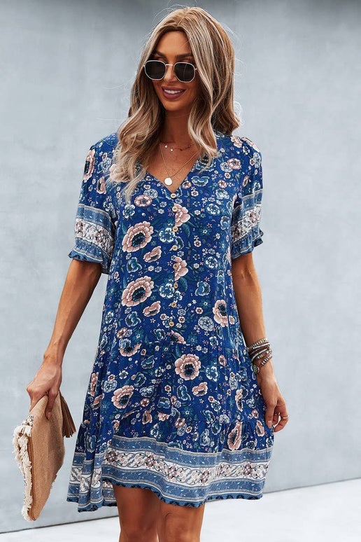 Floral V-Neck Short Sleeve Dress