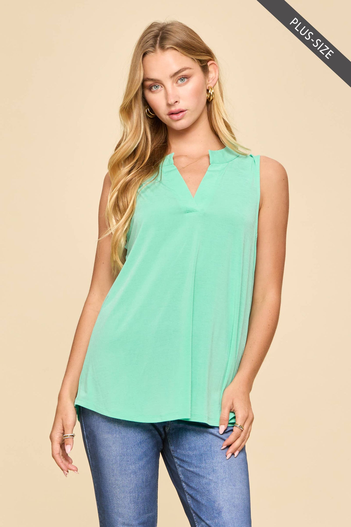 Plus Size Solid Lizzy Mandarin Collar Sleeveless Top