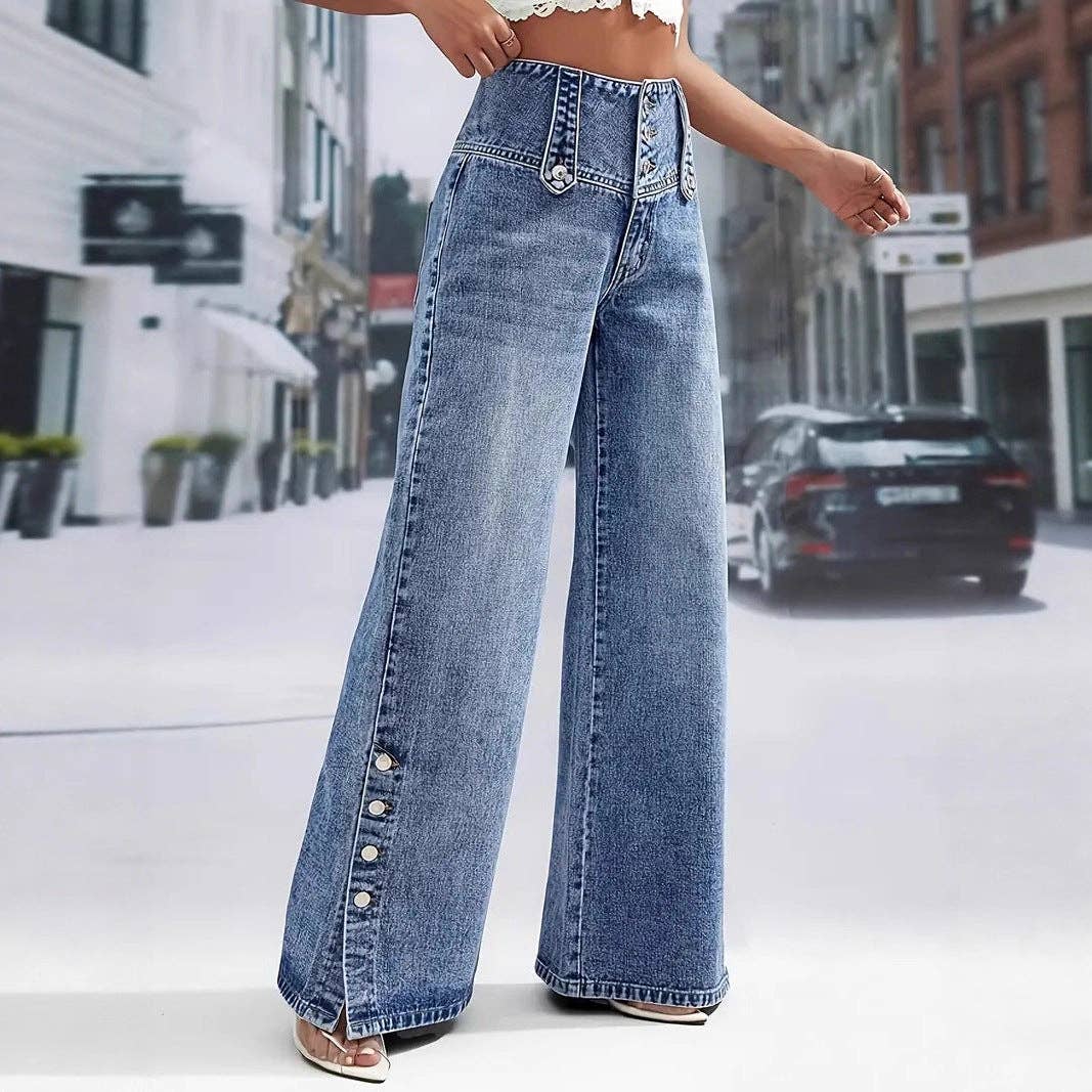 Vintage Wash Side Slit Wide Leg Jeans