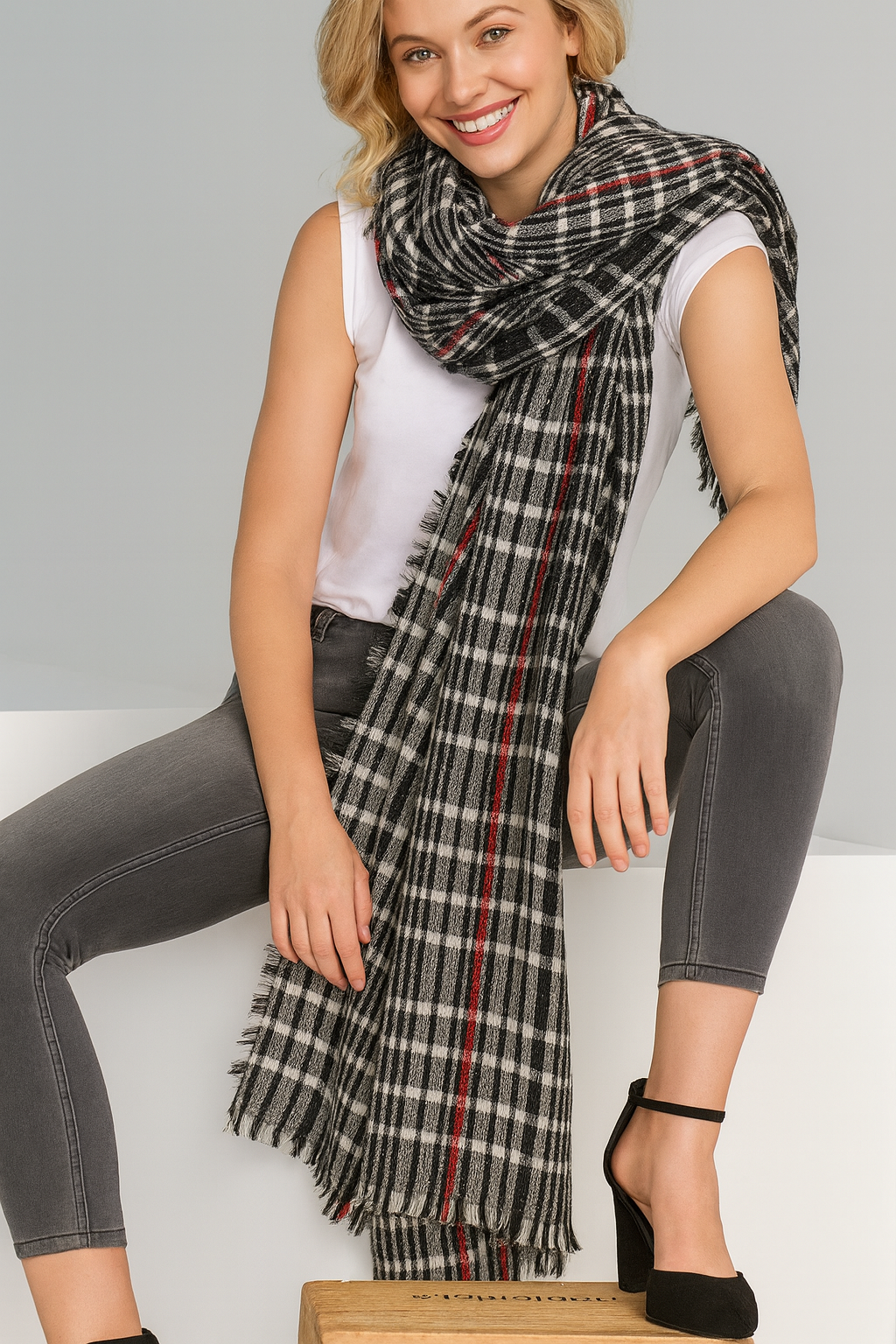 Black Plaid Oversized Wrap Scarf with Fringe