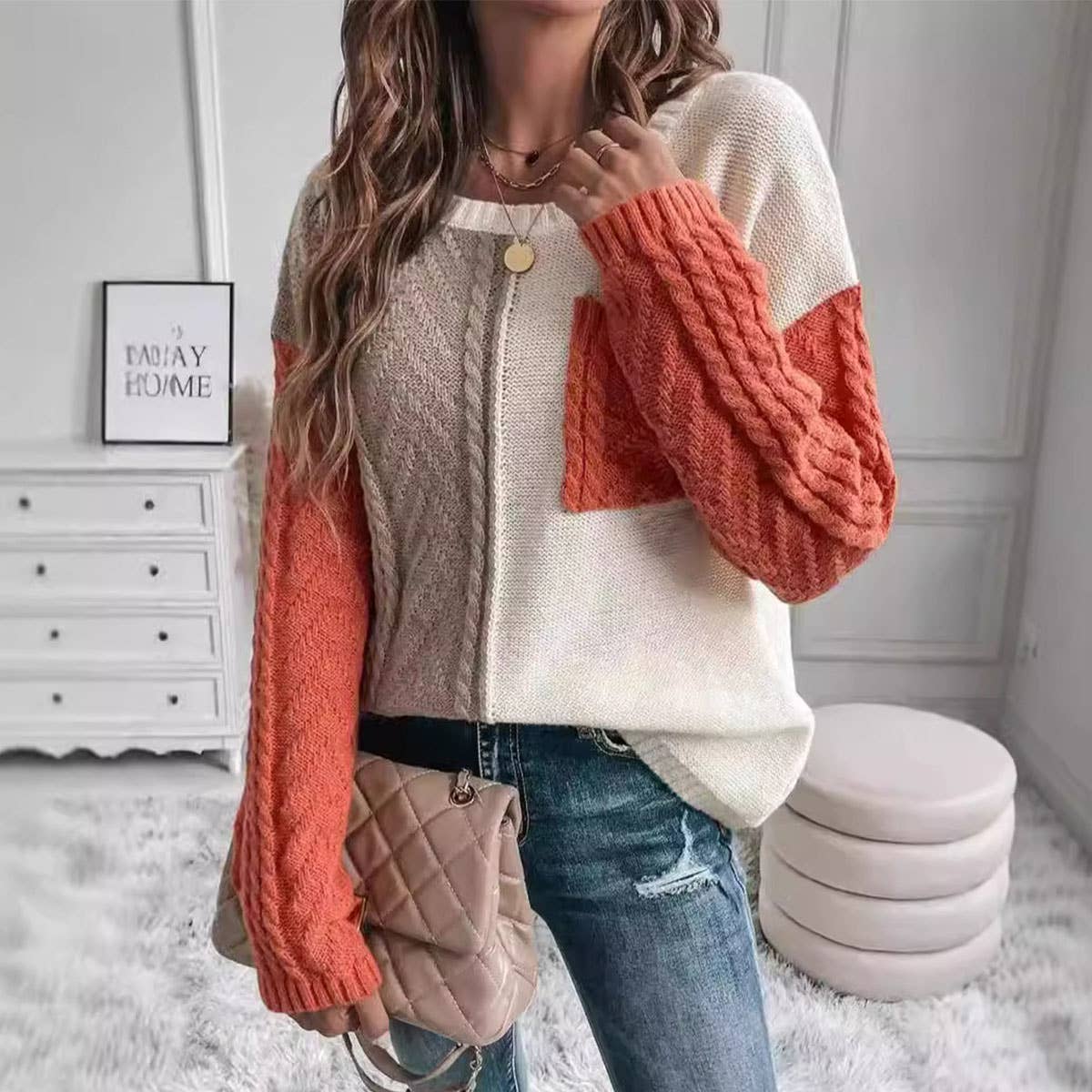 Casual Patchwork Sweater w/ Pocket