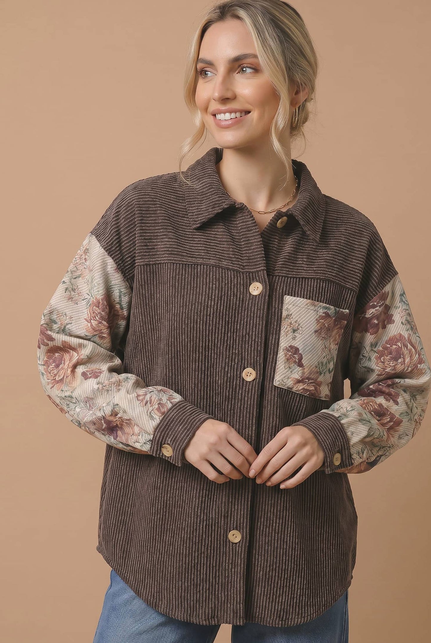 Floral Sleeve Waffle Knit Button-Up